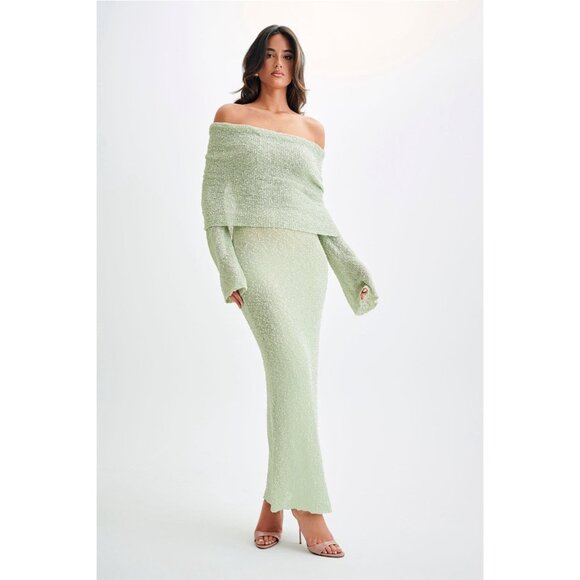 Meshki Dresses & Skirts - MESHKI Marisol Off Shoulder Boucle Maxi Dress - Pastel Green Sz M